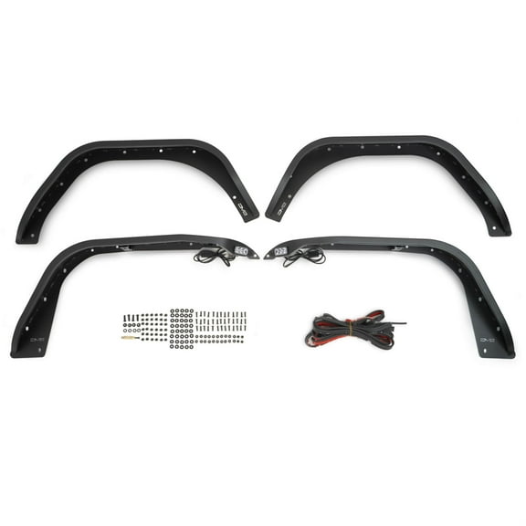 Slim Fender Flares for the 2018-2024 Jeep Wrangler JL | Front & Rear | Steel Construction | Complete Set of 4 | Plug & Play Dual Stage Running Lights & Turn Signal | Includes Rubber Seal | DV8 Offroad
