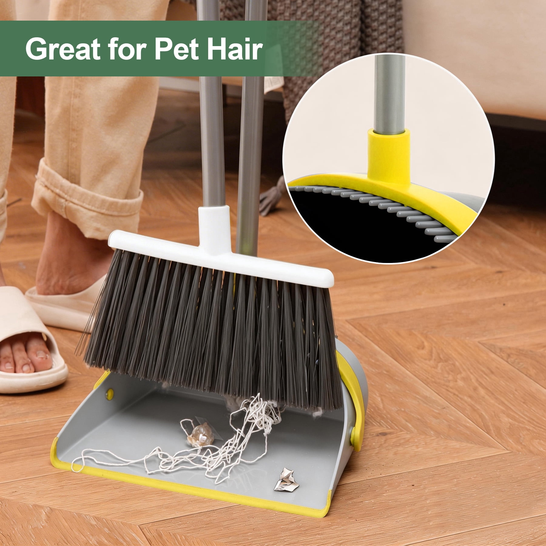 Eyliden Broom and Dustpan Set, Upright Stand Dustpan with Comb for Remove Dust, Extendable to 52”, Grey