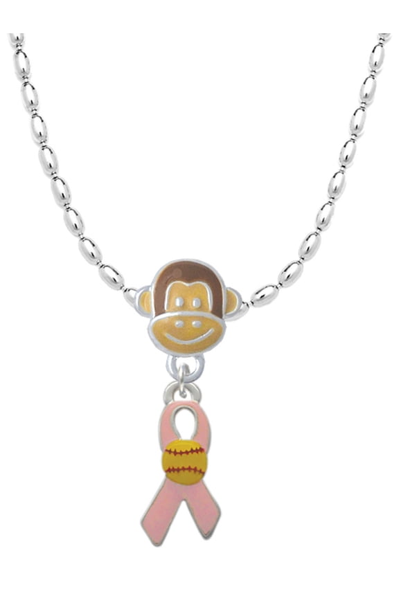 Silvertone Pink Ribbon with Softball Mia Monkey Charm Necklace