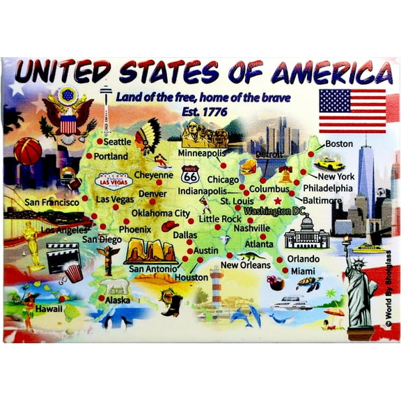 United States (USA) Graphic Map and Attractions Souvenir Fridge Magnet 2.5" X 3.5"