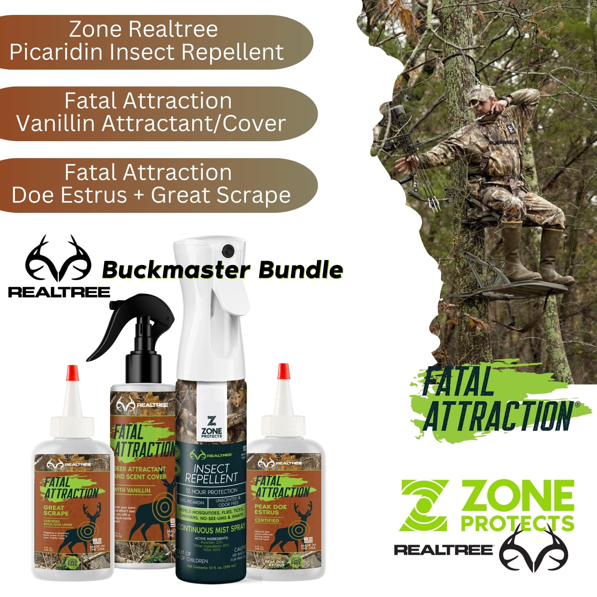 Zone Realtree Buckmaster Bundle; Picaridin Insect Repellent, Peak Doe Estrus, Scrape Enhancer and Vanillin Cover Scent; Protection & Deer Attractants