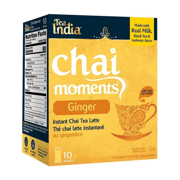 Tea India Chai Moments Ginger Chai Tea Instant Latte Mix Flavorful Blend Of Premium Black Tea, Ginger & Natural Ingredients Traditional Indian Caffeinated Tea Individually Wrapped 10 Sachets