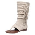 thumbnail image 7 of Womens Fringe Lace up Knee High Boots Flat Gladiator Caged Low Heeled Tassel Sandals Party Prom Flip Flops White Size 7, 7 of 7