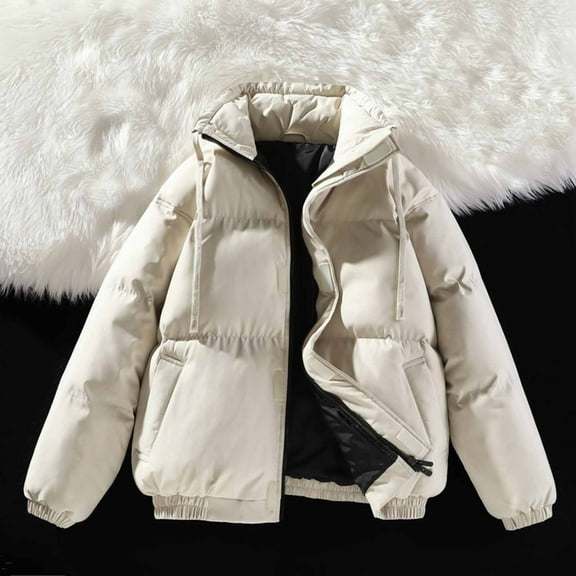 Pounoo Gift Women's Winter Cropped Puffer Jacket Oversized Full Zip Quilted Puffer Long Sleeve Coats Stand Collar Coat with Pockets