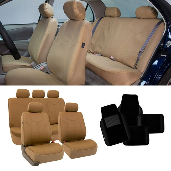 FH Group PU Leather Airbag Compatible Split Bench Seat Covers for Auto, Full set with Carpet Floor Mats, Beige