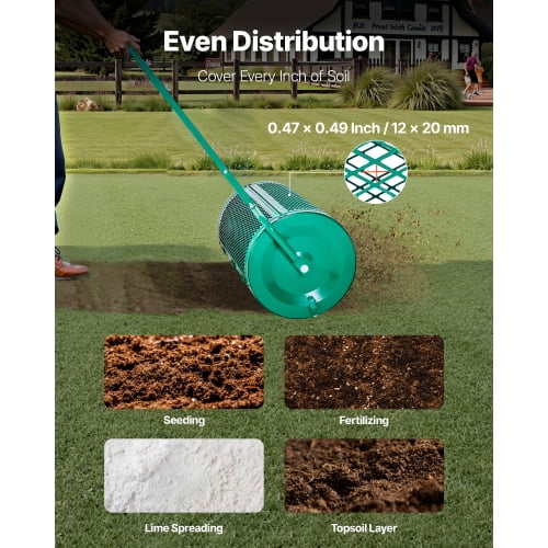 24 Inch Dual-Purpose Push & Tow Compost Spreader, 4-Height Adjustable Steel Handle, 2.66 Cu.Ft Large Capacity Mesh Roller for Lawn Fertilizer Peat Moss