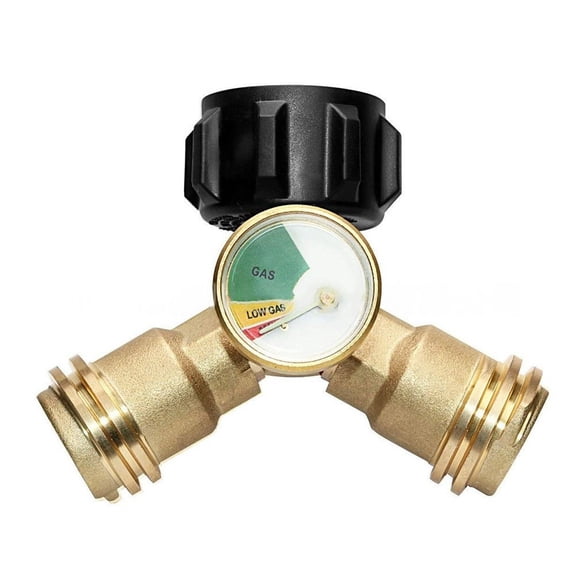 2-Way Propane Y Splitter With Gauge & Shut-Off Valve For Grills & Heaters