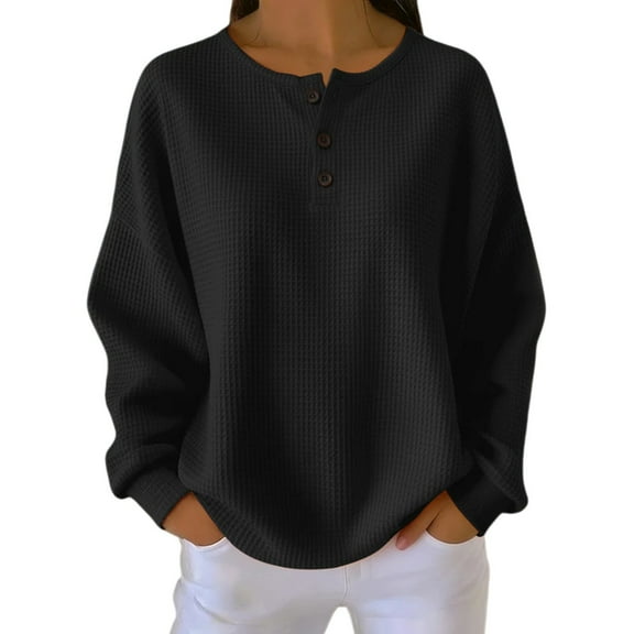 NMMUED Waffle Knit Tops for Women Womens Oversized Sweatshirt Going Out Tops for Women Crewneck Sweatshirts Women Soft Sweatshirts for Women Sweatshirts for Women Loose Fit Black L
