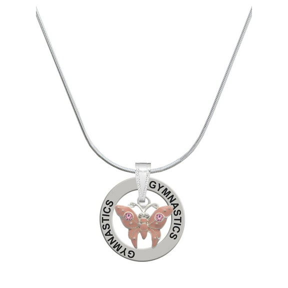 Delight Jewelry Silvertone Pink Butterfly with 2 Pink Crystals Gymnastics Ring Charm Necklace, 18"
