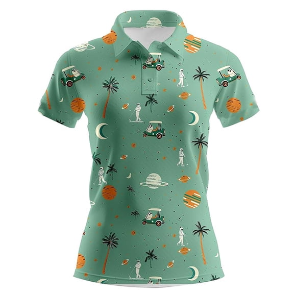 Trendfront Womens Golf Print Polo Shirts Collared Short Sleeve Palm Tree Celestial Casual Summer Tops Match Day Outfit