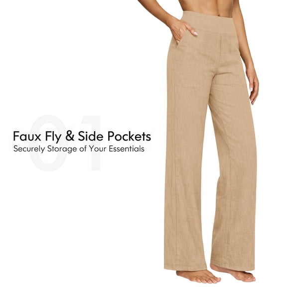 Women's Casual Straight Leg Yoga Pants, Solid Color High Waisted Tummy Control Elastic Waist Pants, Loose Fit Cotton Linen Blend Versatile Trousers for Daily Wear Beige L