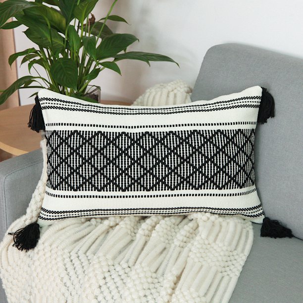 Decorative Lumbar Pillow Cover with Tassels, 12x20 Inches, Black and White Boho Rectangular