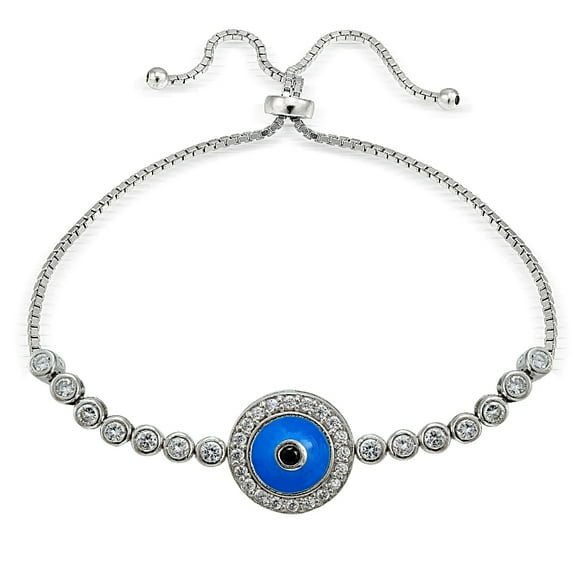 Sterling Silver Blue Cubic Zirconia Enamel Round Evil Eye Adjustable Bracelet