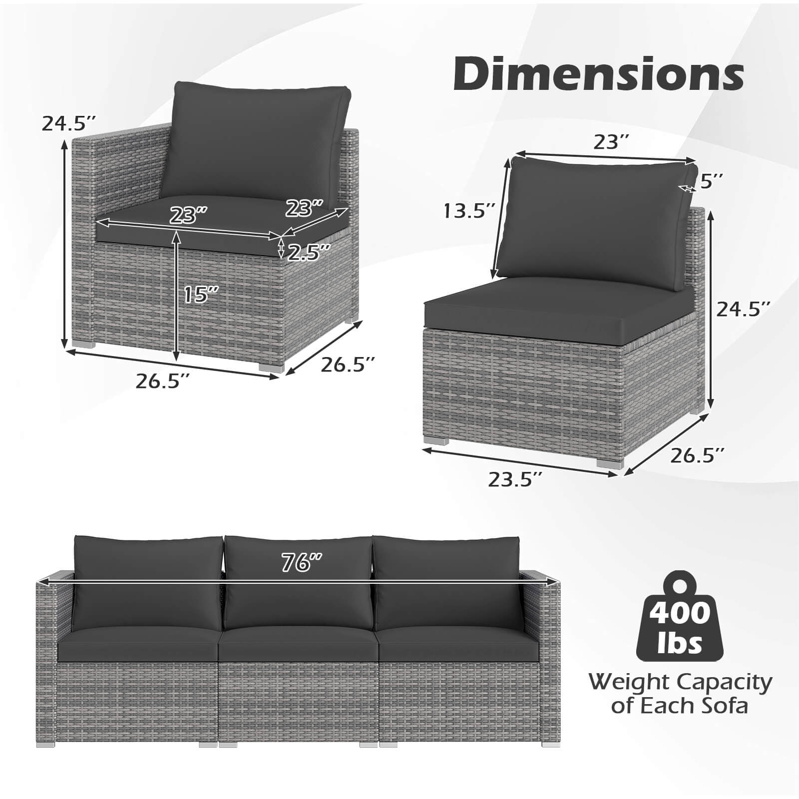 Costway 3PCS Patio Sectional Sofa Set, PE Rattan Modular Couch Furniture Set with Cushions Black + Mix Gray