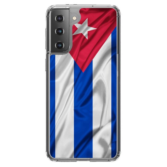 DistinctInk Clear Shockproof Hybrid Case for Galaxy S21 5G (6.2" Screen) - TPU Bumper, Acrylic Back, Tempered Glass Screen Protector - Red White Blue Cuban Flag Cuba