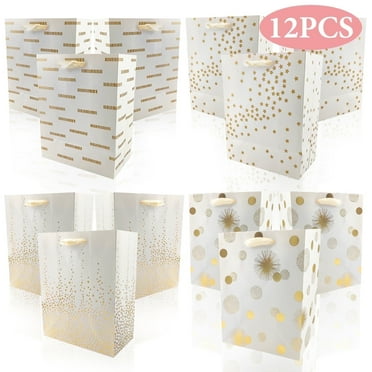 Christmas Gift Bags Gold Foil with Handles Party Favors Bags for Christmas Birthday Wedding 12 Pcs White Gold
