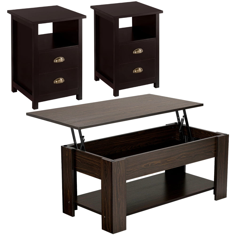 Modern Lift Top Coffee Table w/Hidden Compartment + 2PCS Two-drawer End ...