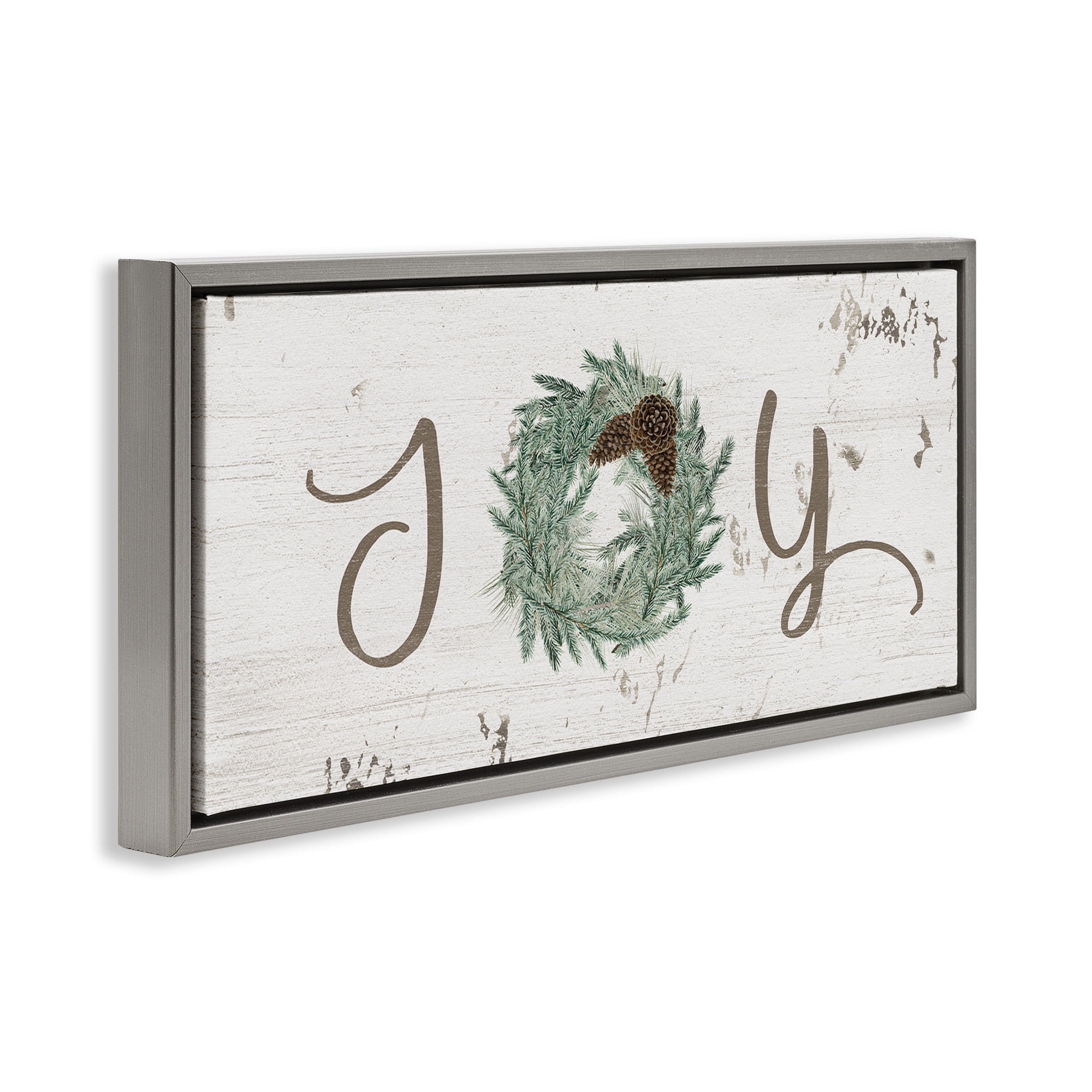 Stupell Industries Country Inspired Joy Wreath Holiday Painting Gray Floater Framed Canvas Art Print Wall Art, 31 x 14