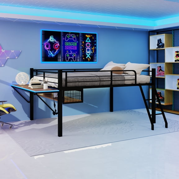 FULL Size Metal Loft Bed with Built-in Desk & LED Light Strip Black Loft Bed Frame with Safety Guardrails Inclined Ladder & Under-bed Storage Space