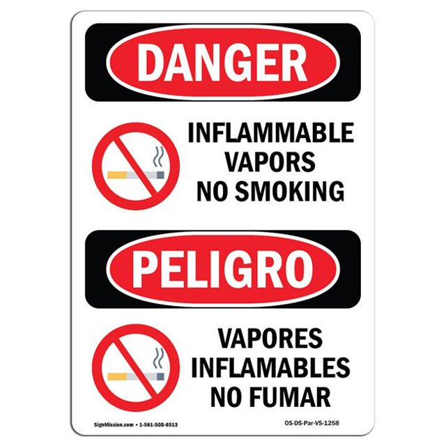 SignMission OS-DS-A-1218-VS-1258 12 x 18 Po Signe de Danger OSHA - Vapeurs Inflammables Non Fumeur Bilingue