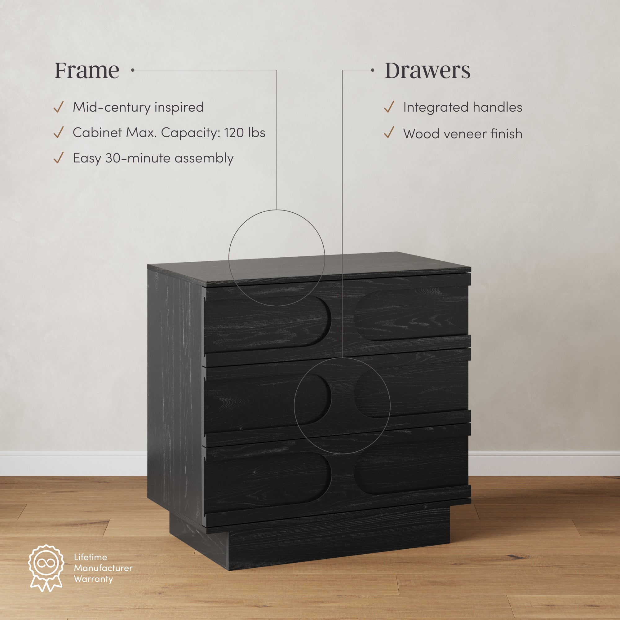 Nathan James Iris 3 Drawer Dresser, Mid-Century Modern Solid Wood Dresser for Bedroom, Black Oak