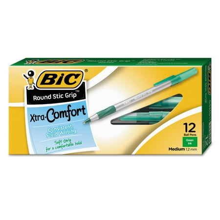 BIC Round Stic Grip Ball Pen, 1.2 mm, Medium, Green, 12 Count