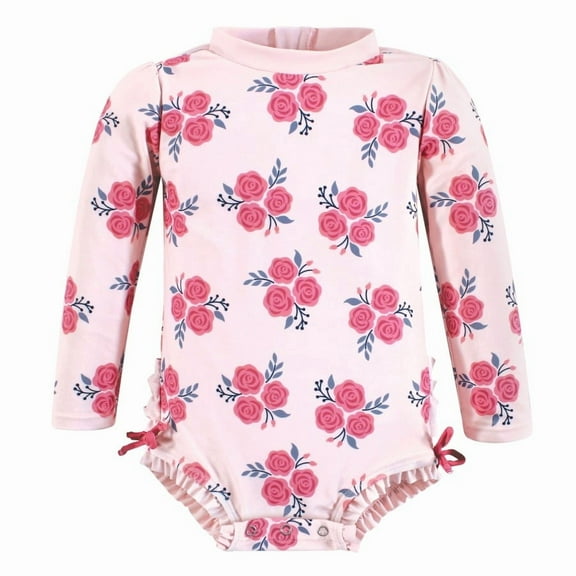 Hudson Baby Girls Rashguard Baby Swimsuit, Pink Navy Roses, 3-6 Months