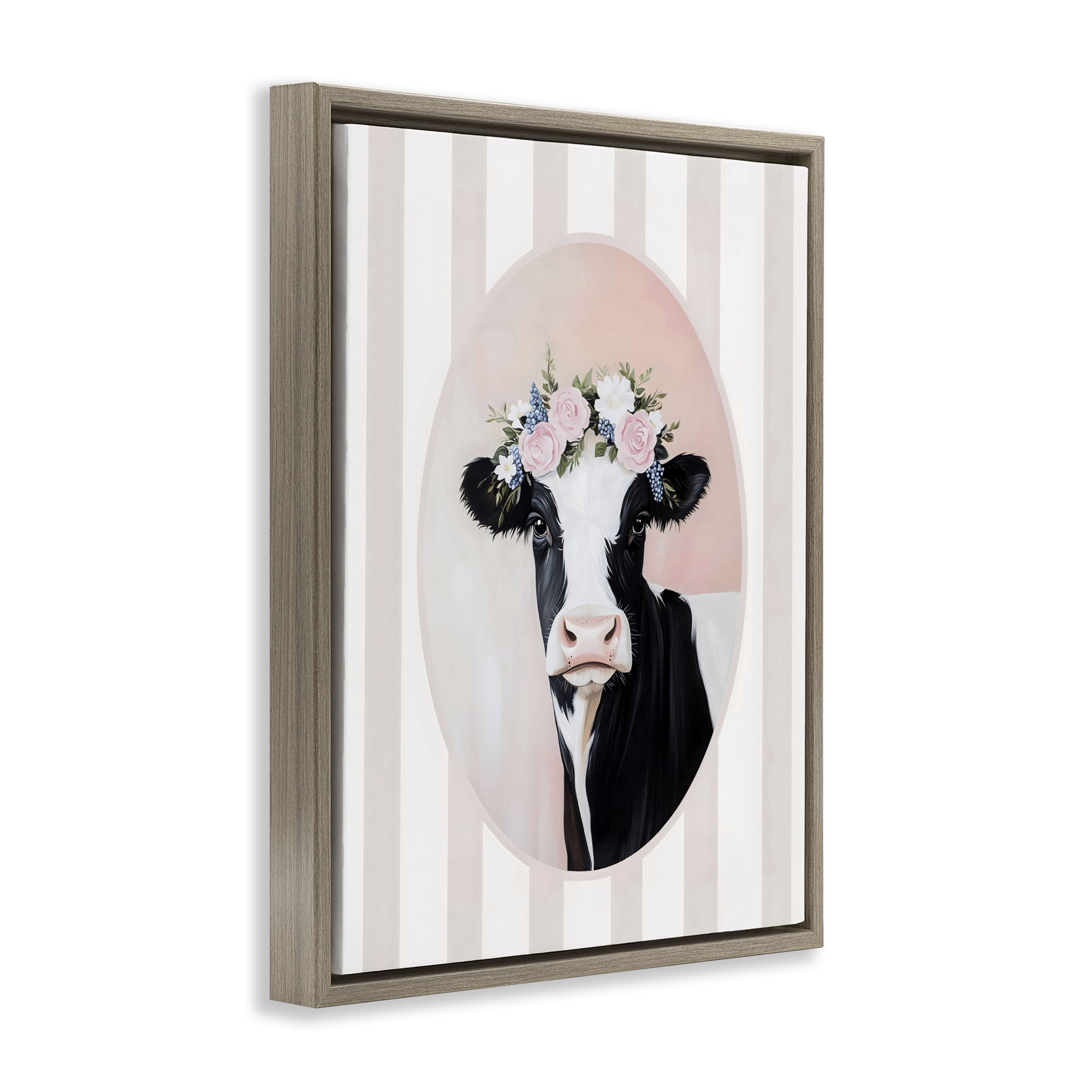 Stupell Industries Soft Cow with Floral Crown Brown Framed Floater Canvas Wall Art, design by Arlington Prints