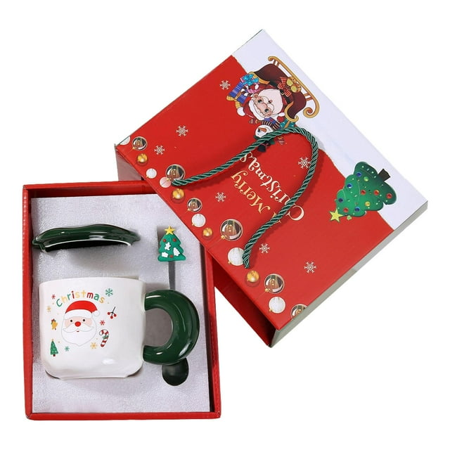 Juego de tazas navideñas con tapa y cuchara decorativa Gloria Papá Noel verde