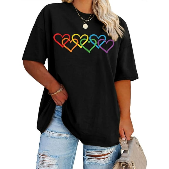 Plus Size Pride Shirt: Rainbow Heart Graphic Tshirt LGBT Gay Pride Tees Casual Short Sleeve Tops Tops Tee