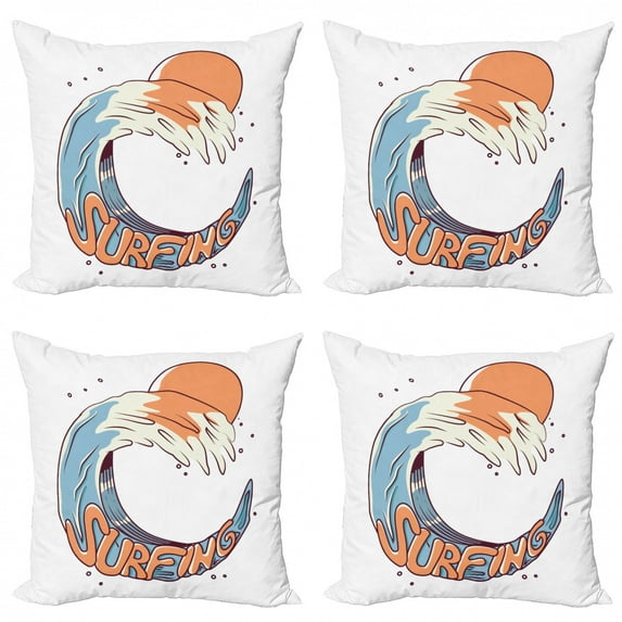 Ambesonne Beach Throw Pillow Cover 4 Pack, Surfing Giant Ocean Wave Art, 16", Peach Blue