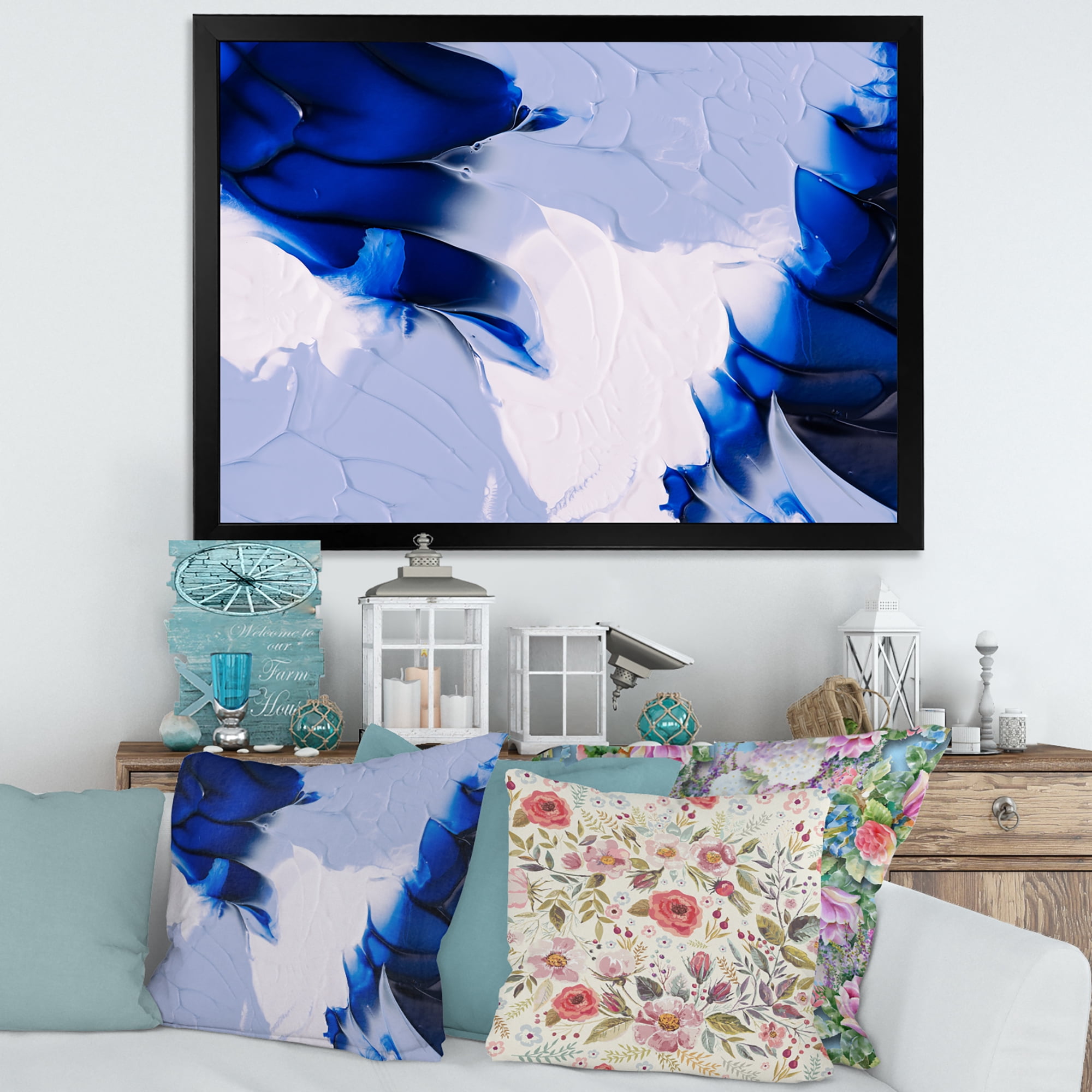 Designart 'Abstract White and Blue Grey Waves' Modern Framed Art Print