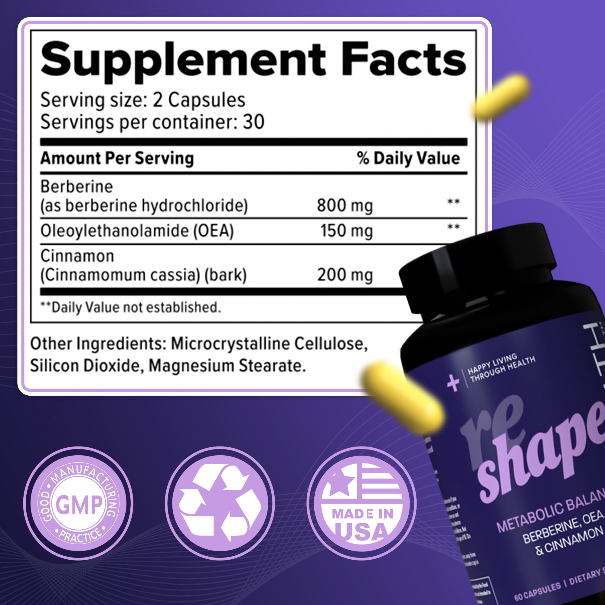 PlusHLTH Reshape Capsules with Berberine, Cinnamon, and OEA for Metabolic Balance 60 capsules