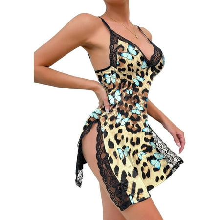 Sexy Split Side Floral Lace V-Neck Full Slip Nightgown Babydoll Lingerie Dress One Piece