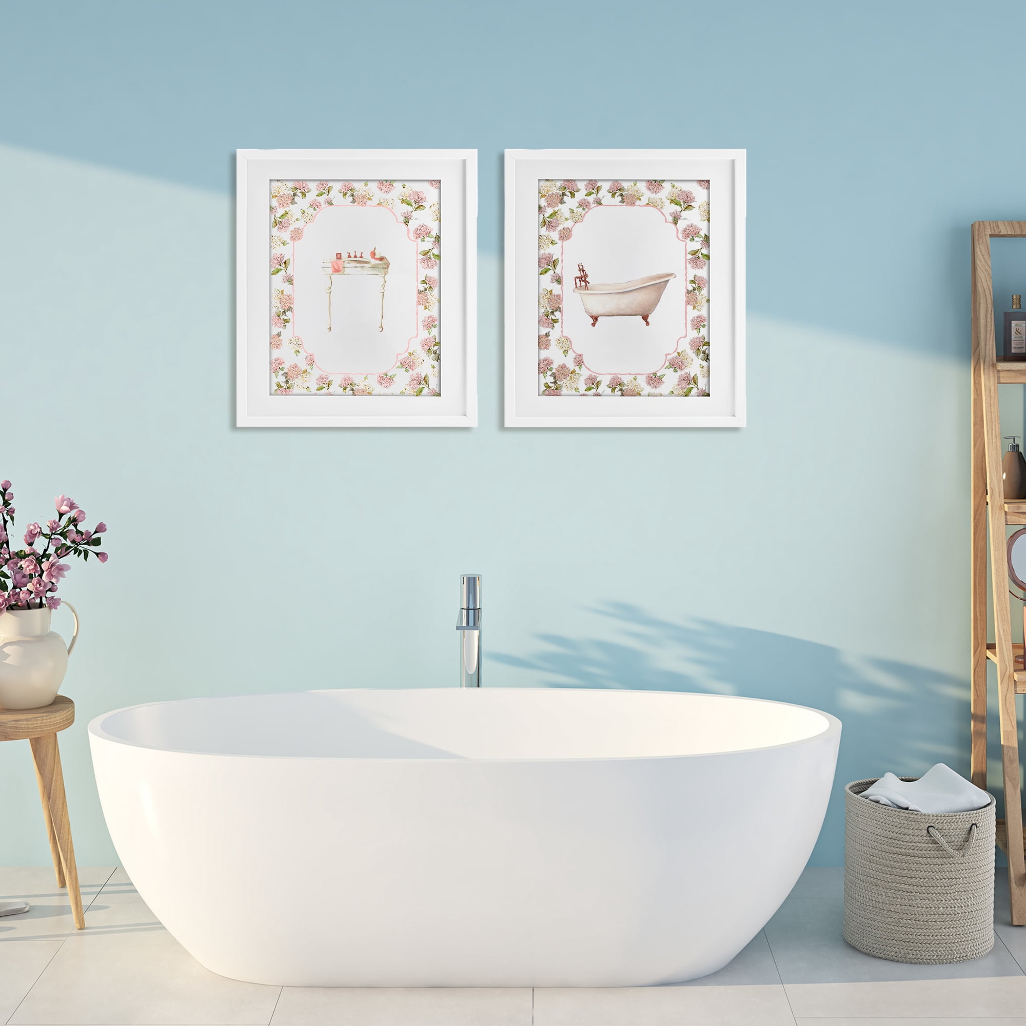 Stupell Industries Elegant Hydrangeas Bathroom 2 Piece White Framed Print Under Glass Set, design by Carol Robinson