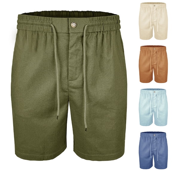 ZRGHAOYLQ Mens Cotton Linen Casual Shorts Breathable Straight Leg Beach Shorts Drawstring Elastic Waist Shorts with Pockets