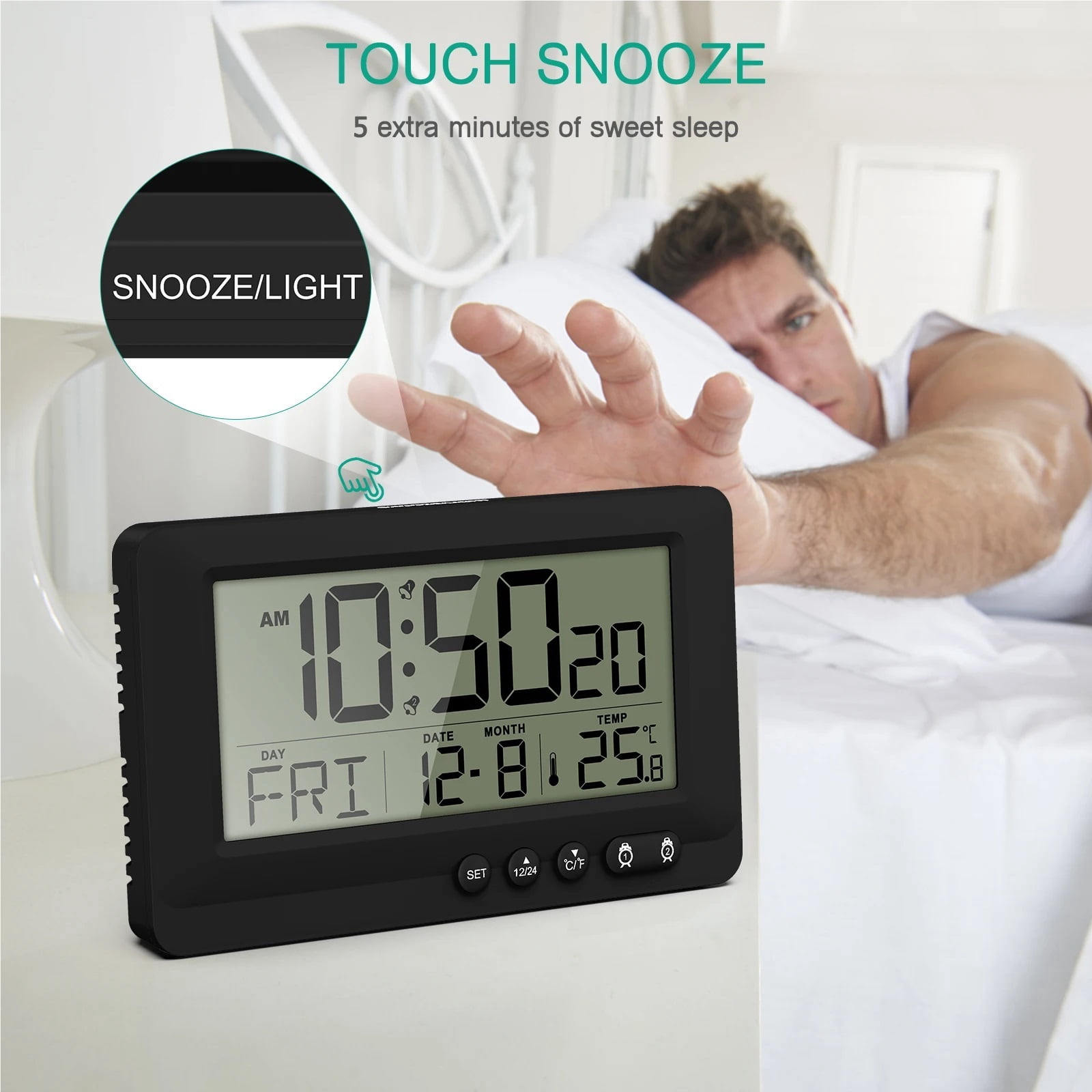 CHUNYAN Digital Alarm Clock LCD Display Travel Alarm Clock Small Digital Clock With Calendar Temperature Battery Operated Clocks