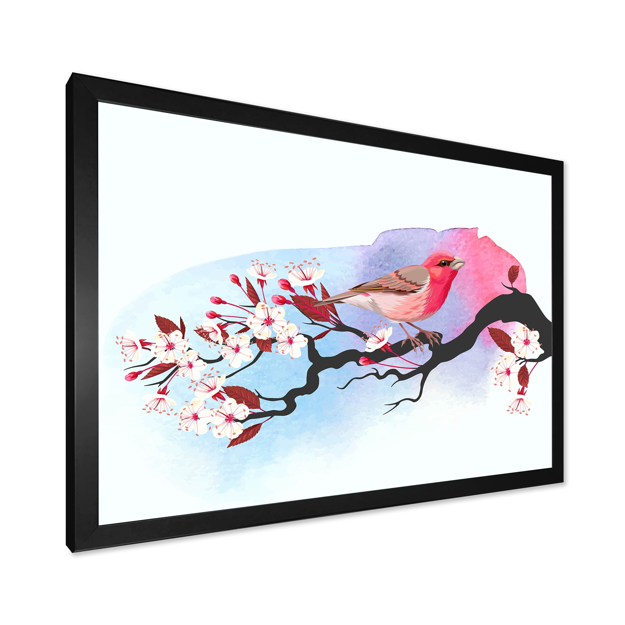 Designart 'Pink Bird Sitting On Cherry Branch' Traditional Framed Art Print