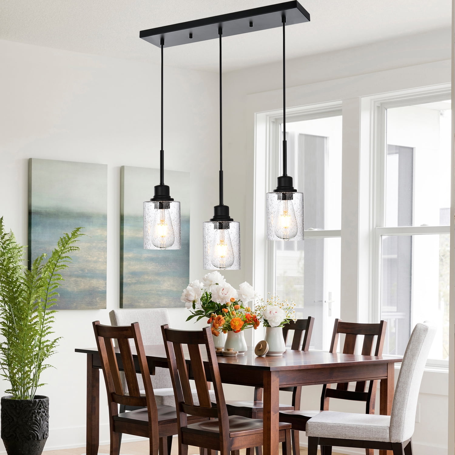 Melucee Farmhouse Dining Room Chandelier 3-Lights Black Kitchen Island Light, Clear Glass Pendant Lighting Fixtures