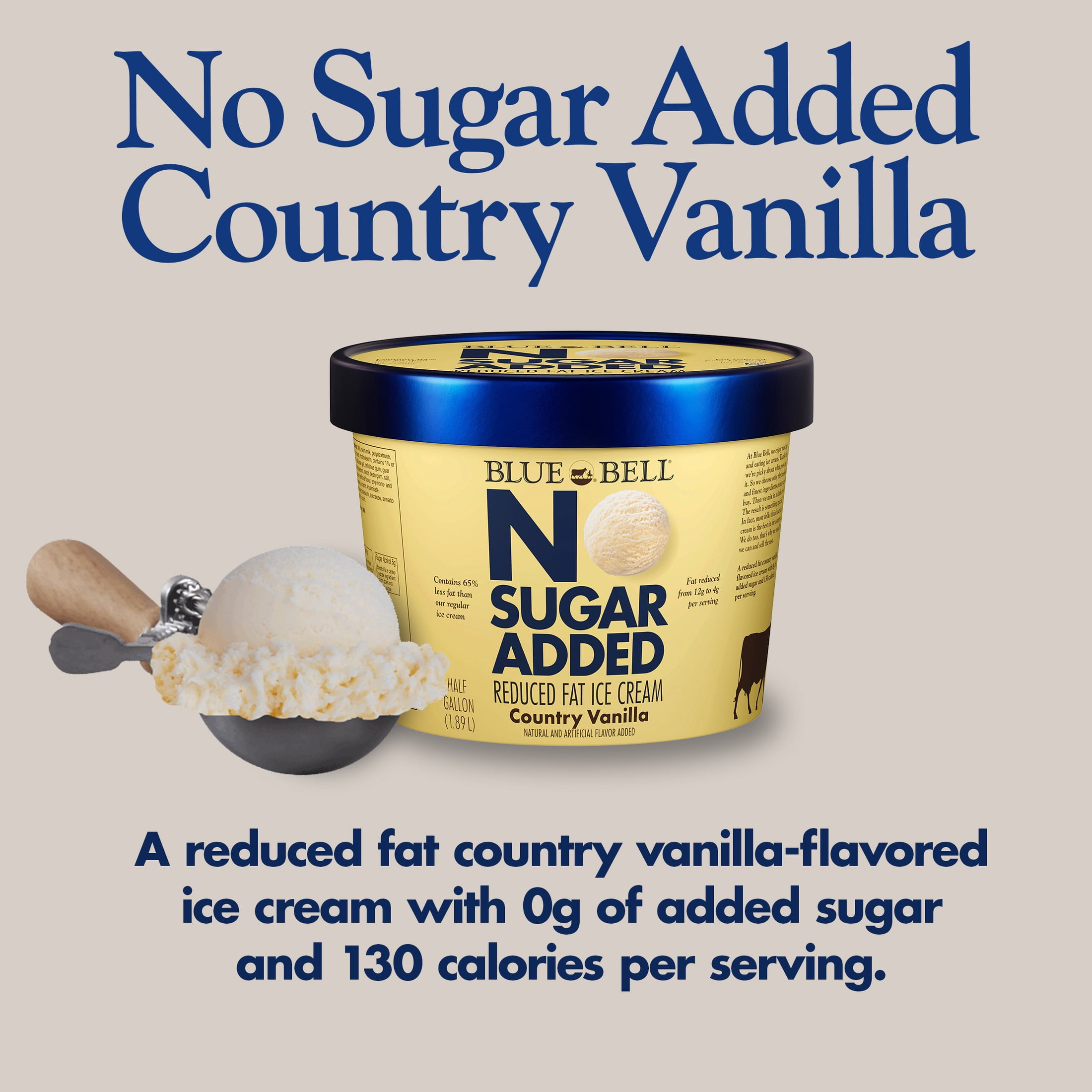 Blue Bell No Sugar Added Country Vanilla Reduced Fat Ice Cream Half Gallon, 64 fl oz