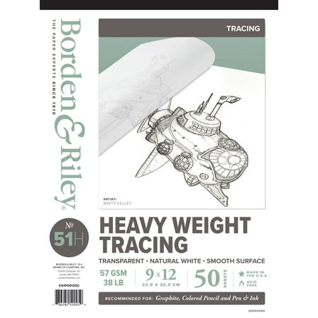 Borden & Riley #51H Monroe Heavyweight Parchment Tracing Paper Pad 9 in x 12 in, 50 Sheets/Pad