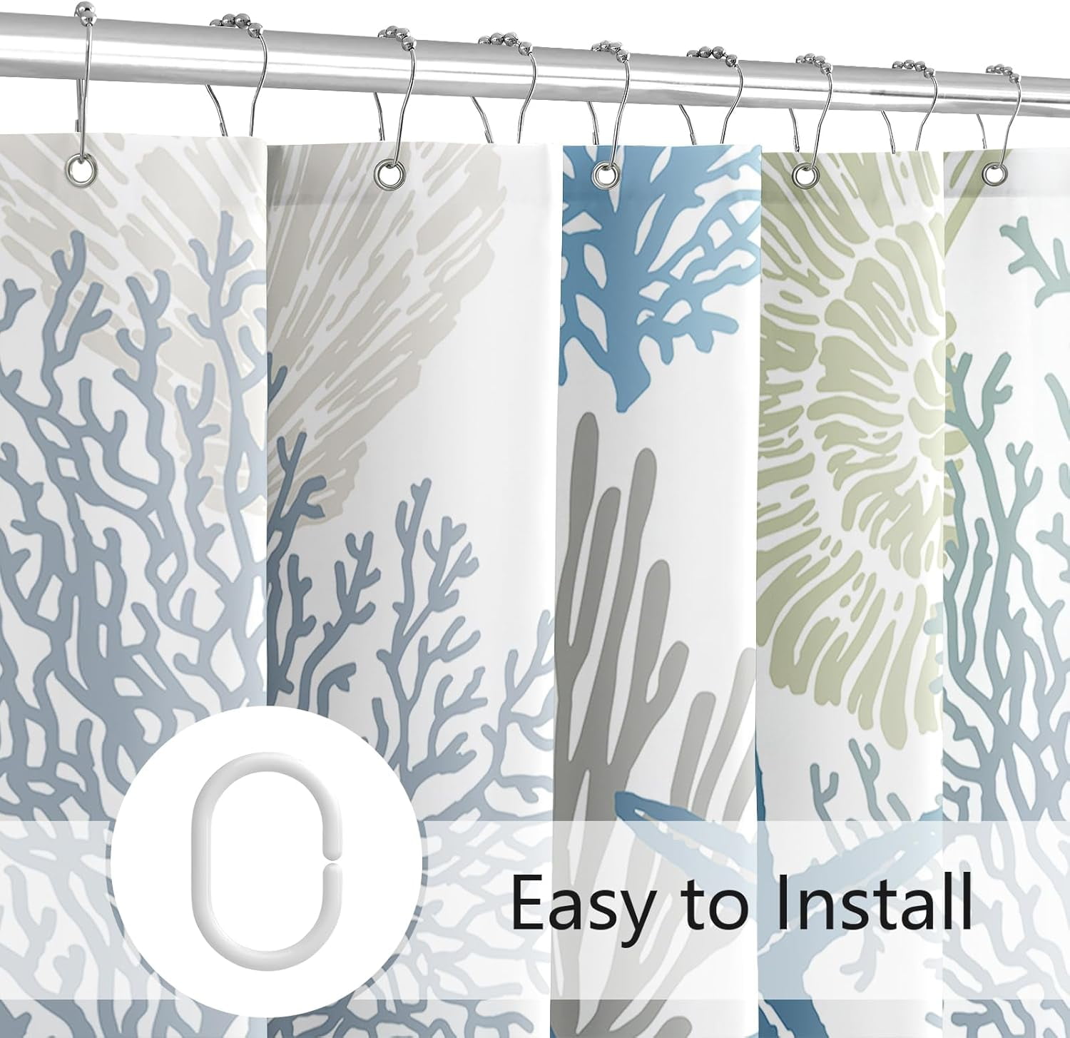 Extra Long Shower Curtain 72 x 84 Inch,Tall Nautical Coastal Fabric Shower Curtain, Summer Tropical Seashell Starfish Coral Beach Ocean Themed Shower Curtain for Bathroom Decor, Blue