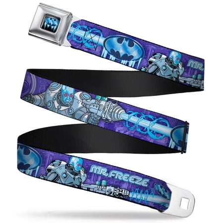 DC Comics Belt, Seatbelt Buckle Belt, Mr Freeze Poses Frozen Batman Shield Purples Blues, 30 to 44 Inches
