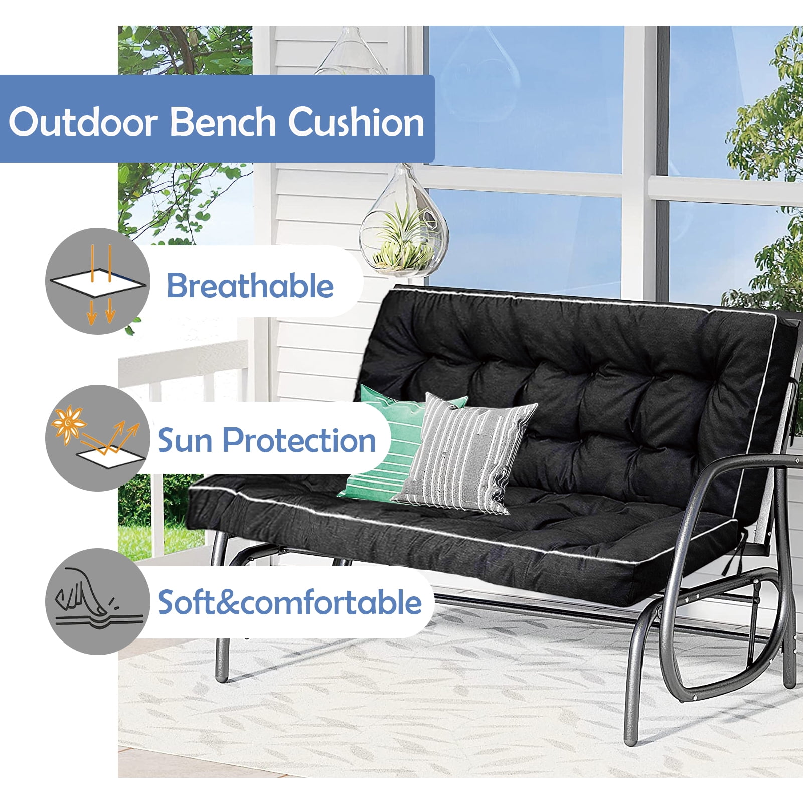 Porch Swing Cushions 55in, Swing Cushions 3 Seater Replacement with Backrest, Thicken 4" Waterproof Bench Pad Cushions, Outdoor Loveseat Cushions Non-Slip Chairs Pad (Black)