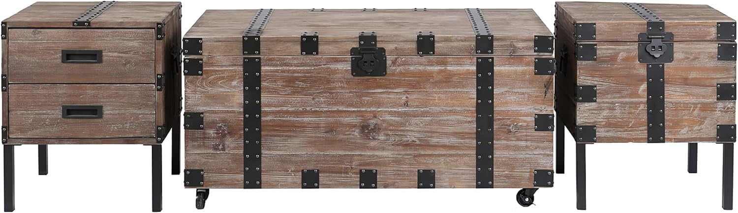 Coffee Table Set, Vintage Wood Storage Trunk Coffee Table with Two End Side Table