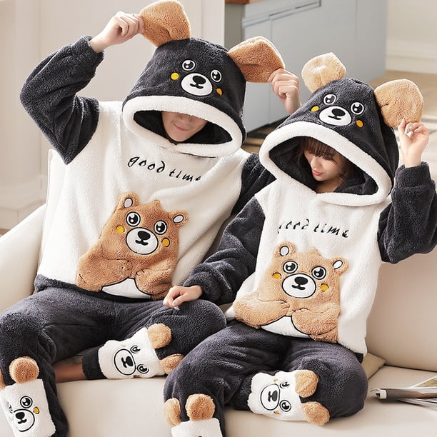 Pijama grande de terciopelo coral grueso para hombre y mujer, traje de otoño e invierno de franela con bordado de dibujos animados, traje de casa para hombre y mujer.