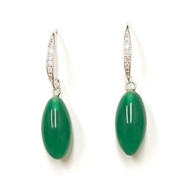 Sterling Silver Earring Oval Jade Drop with Cubic Zirconia Fish Wire, Clear & Green