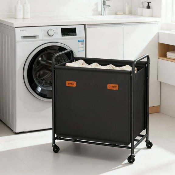 LEDREM 2-Section Rolling Laundry Hamper with Wheels,Laundry Sorter Cart with Removable Bag,sInk Black