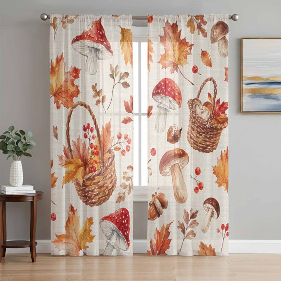 Thanksgiving Harvest Sheer Curtains 72 Inch Length 2 Panels Set, Fall Mushroom Maple Leaves Rustic Voile Window Treatment Rod Pocket Curtains Sheers Drapes for Bedroom/Living Room/Kitchen 52"x72"x2