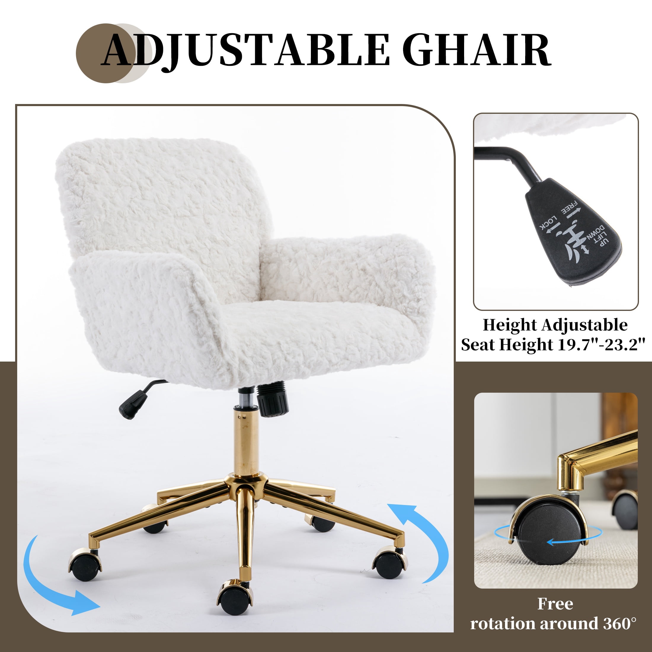 ENYOPRO Office Chair with Chrome Legs, Ergonomic Teddy Desk Chair Vanity Chair with Wheels, Modern Computer Chair for Home Office, White